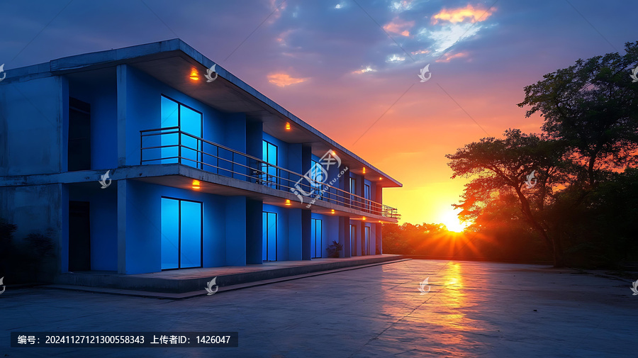 夕陽(yáng)下的藍(lán)色建筑群