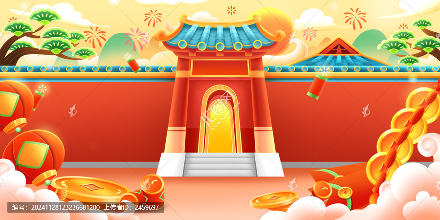 喜慶中國風(fēng)古建筑宅院門場景背景插畫