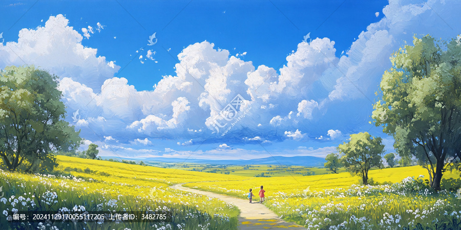 藍(lán)天白云油菜花油畫