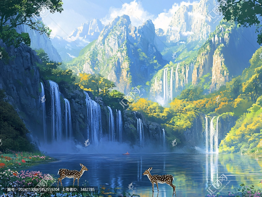 山峰山水畫油畫梅花鹿