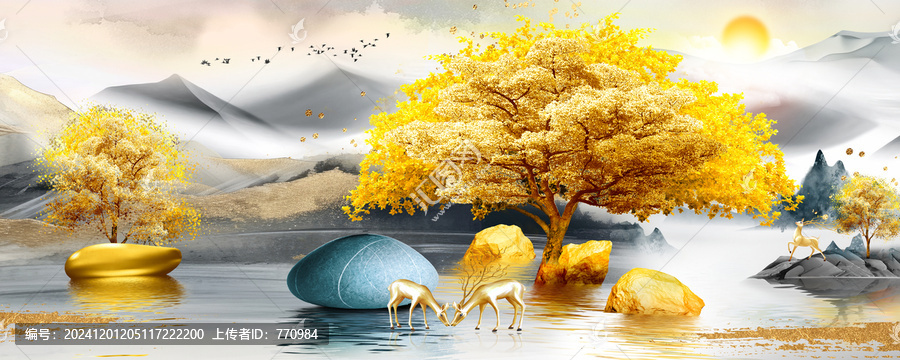 金色水墨山水發(fā)財(cái)樹中式風(fēng)景畫