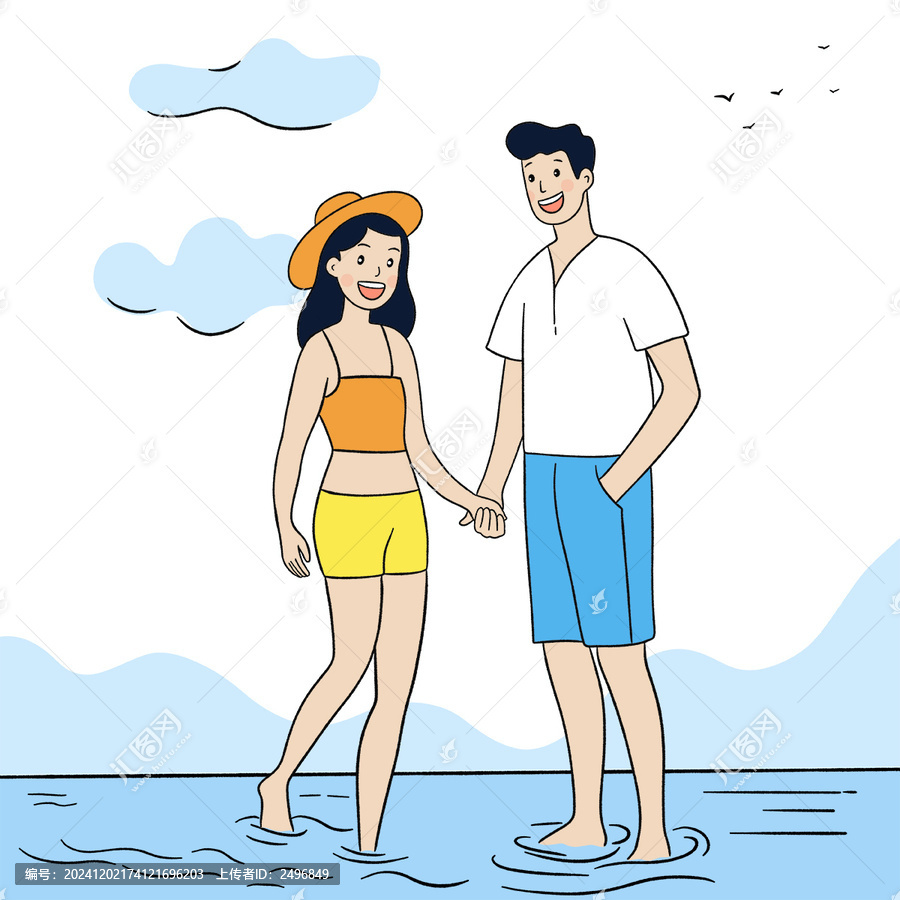 情侶夏日海邊度假簡筆畫插畫