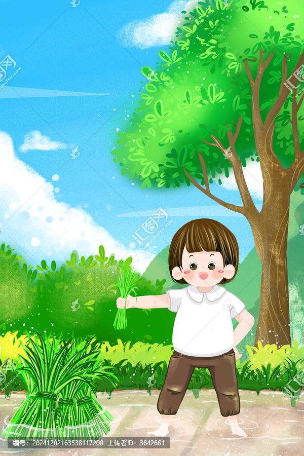 二十四節(jié)氣小滿夏天小朋友插秧手繪兒童插畫
