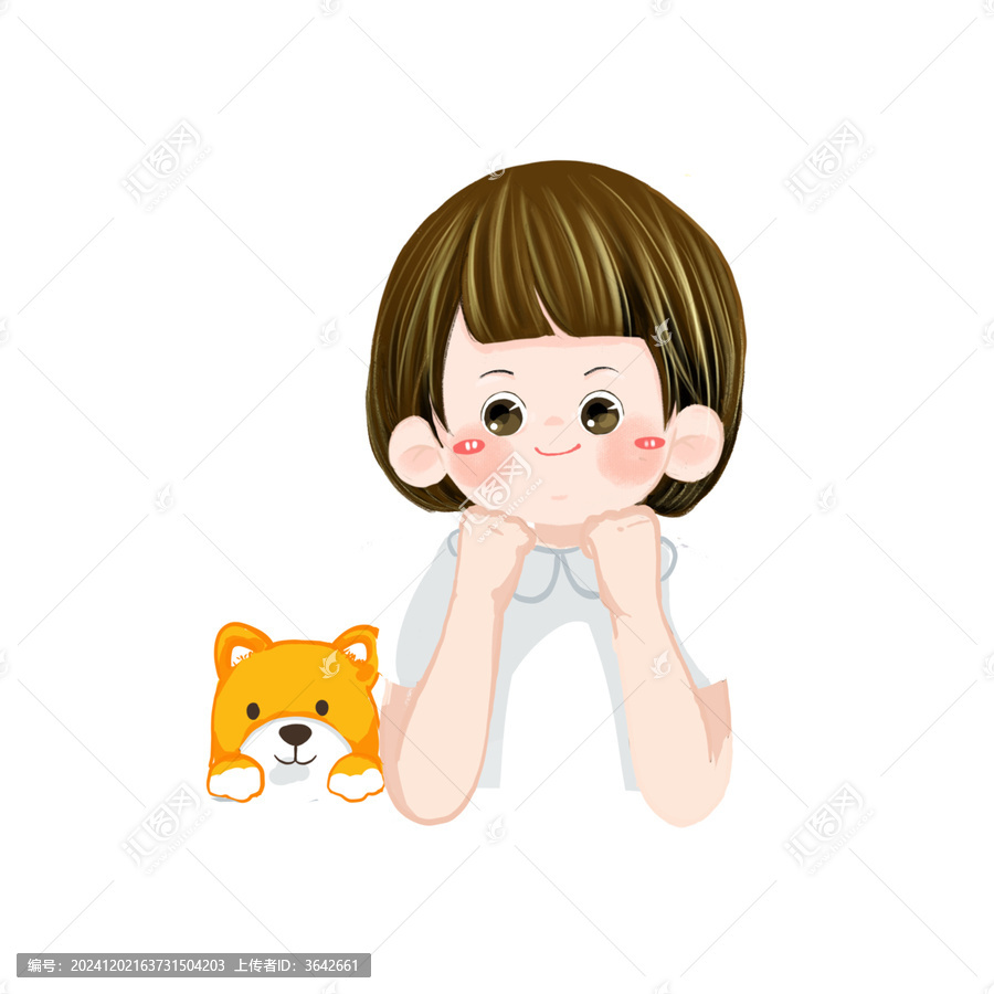 托腮坐著的小朋友和狗免扣素材卡通手繪插畫