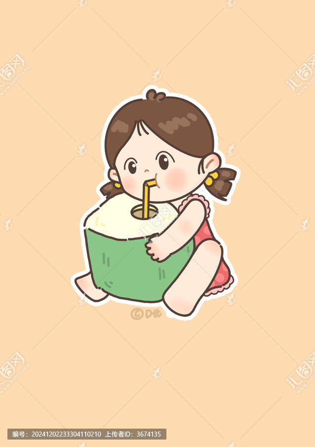 兒童插畫喝椰子汁的女孩