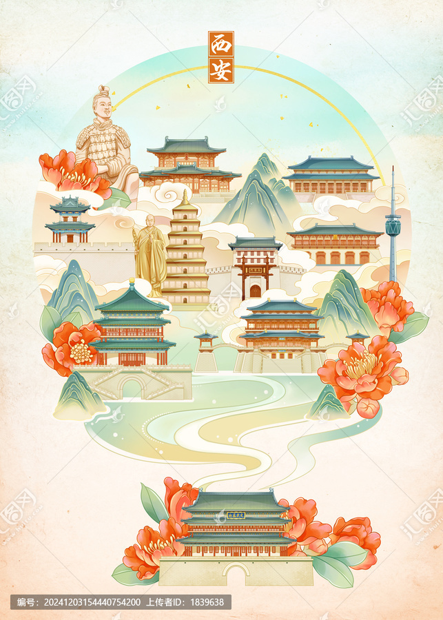 國潮西安城市建筑插畫海報