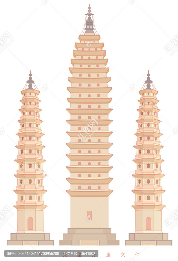 云南大理地標(biāo)崇圣寺三塔矢量插畫素材