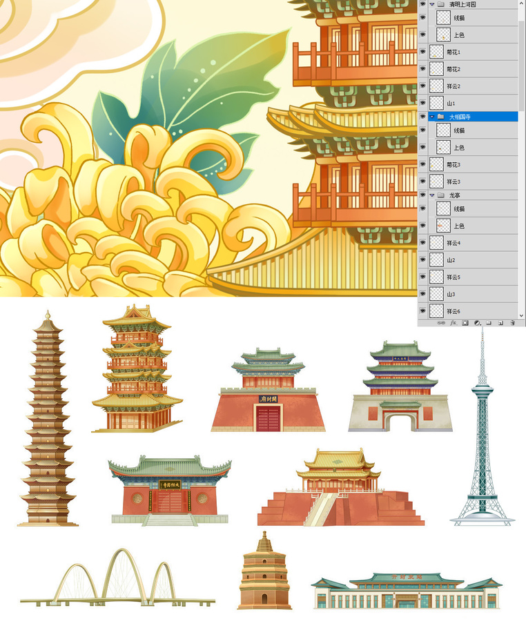 開封城市地標(biāo)建筑國(guó)潮包裝插畫