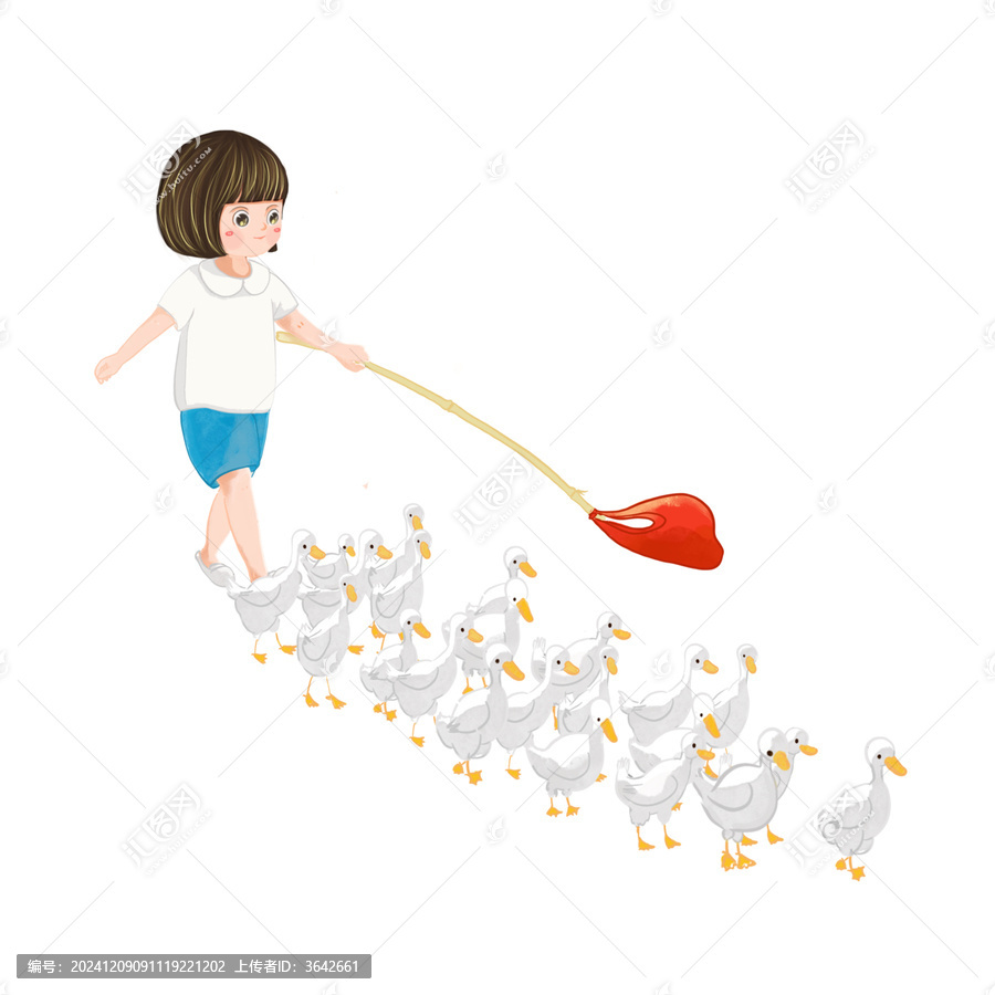 小朋友趕鴨子卡通手繪插畫免扣PNG