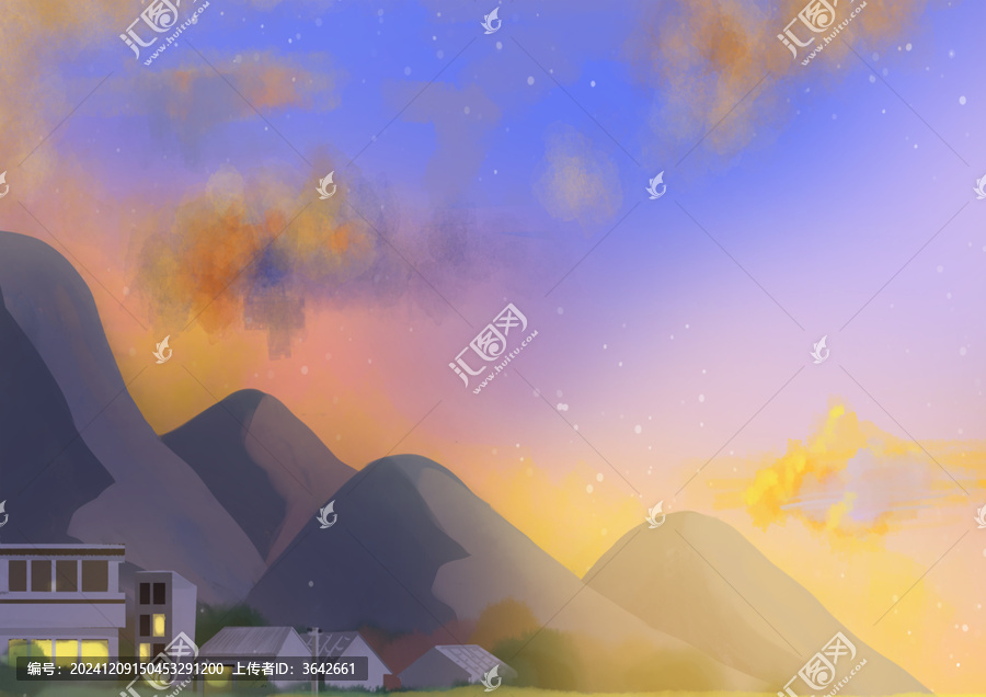 傍晚晚霞天空治愈系插畫