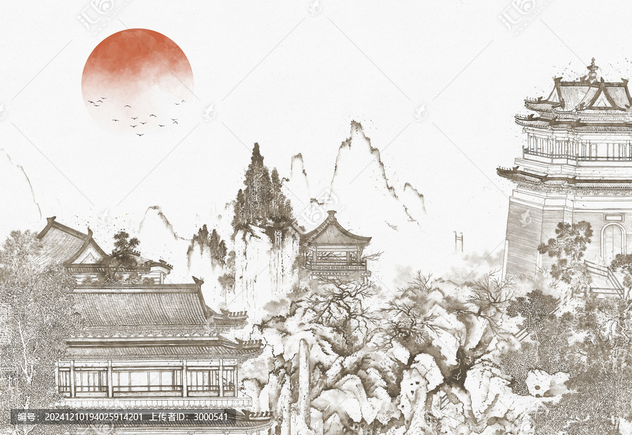 山水畫(huà)新中式亭臺(tái)樓閣