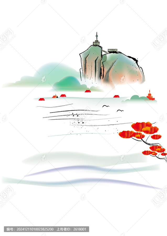 水墨日光巖矢量水墨國(guó)畫(huà)鼓浪嶼鳳凰木白鷺
