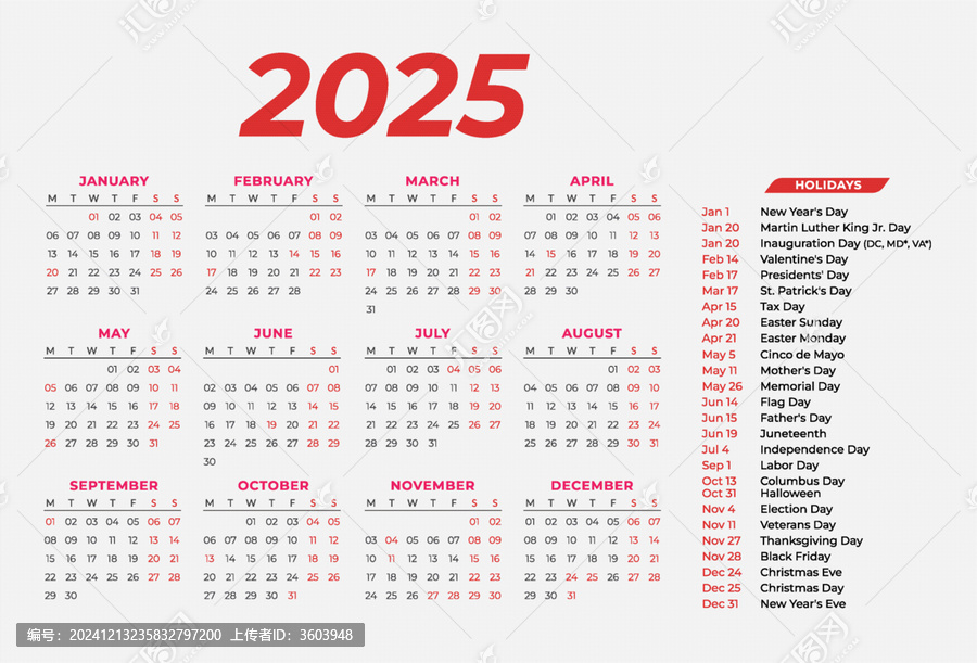 2025紅色簡約日歷