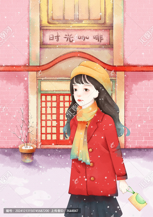 站在咖啡館前面的少女插畫