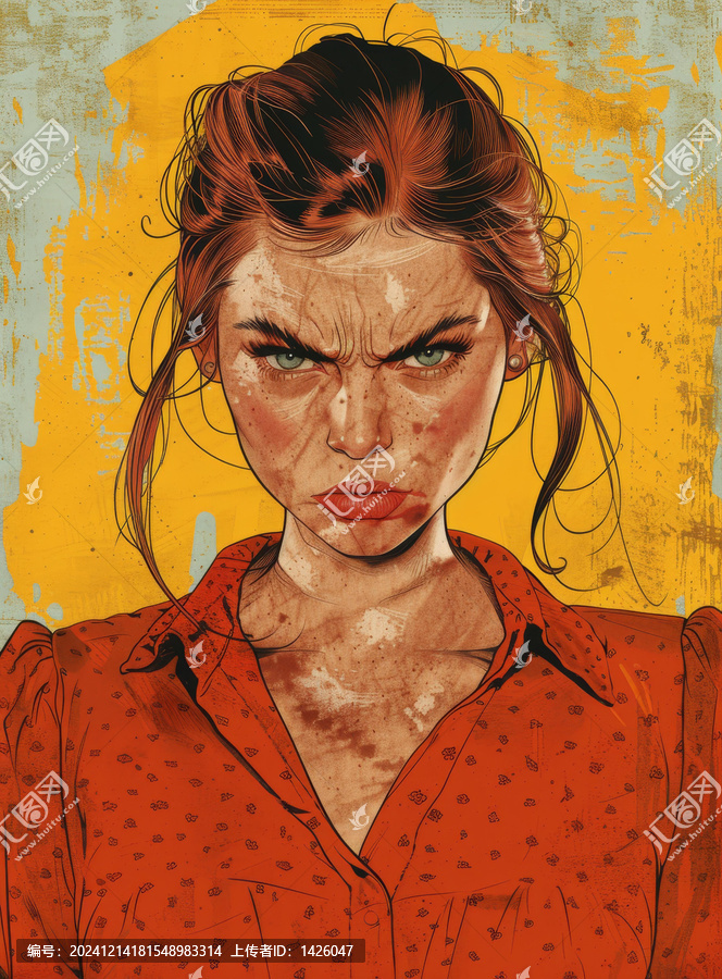 一個紅頭發(fā)女人的肖像，雀斑，表情嚴(yán)厲