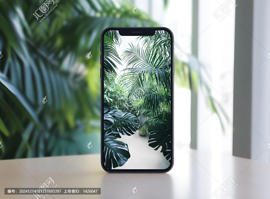 智能手機(jī)屏幕上顯示熱帶植物圖像的特寫