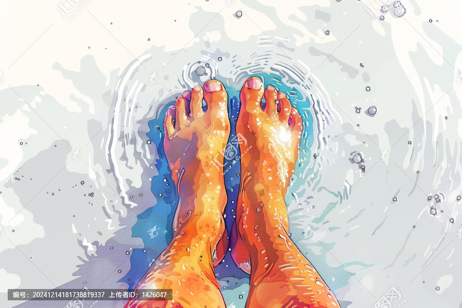 水彩風格的雙腳踏浪圖