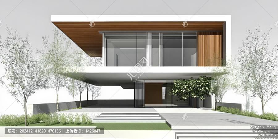 現(xiàn)代兩層樓房建筑設(shè)計(jì)，帶大窗戶和木質(zhì)裝飾