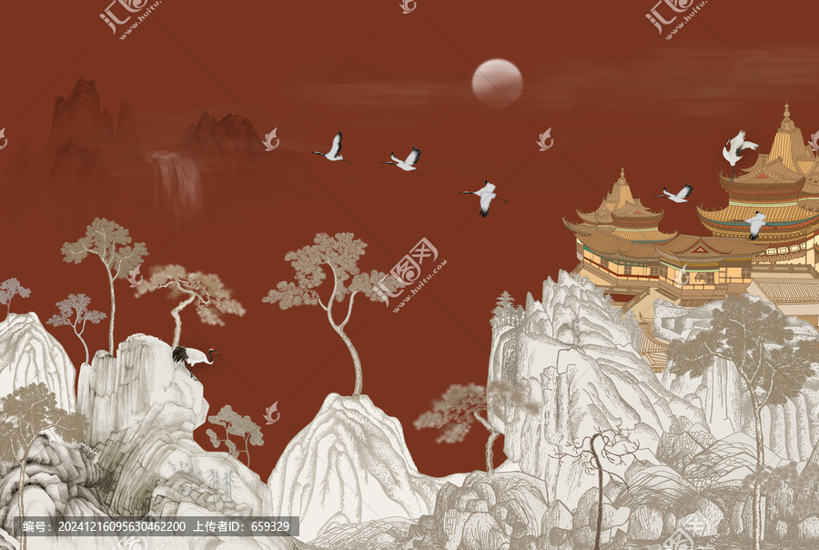 高端新中式樓閣山水背景墻