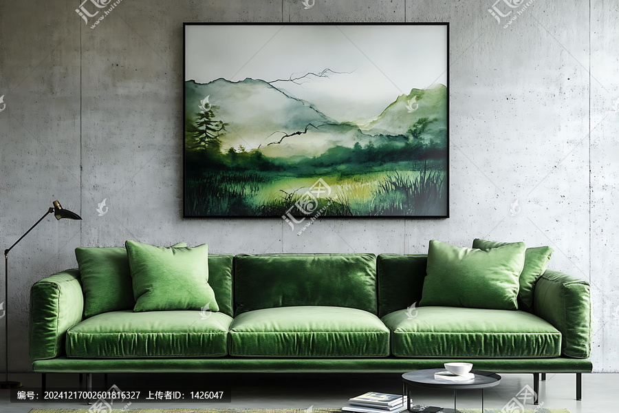 現(xiàn)代綠色沙發(fā)與山水畫