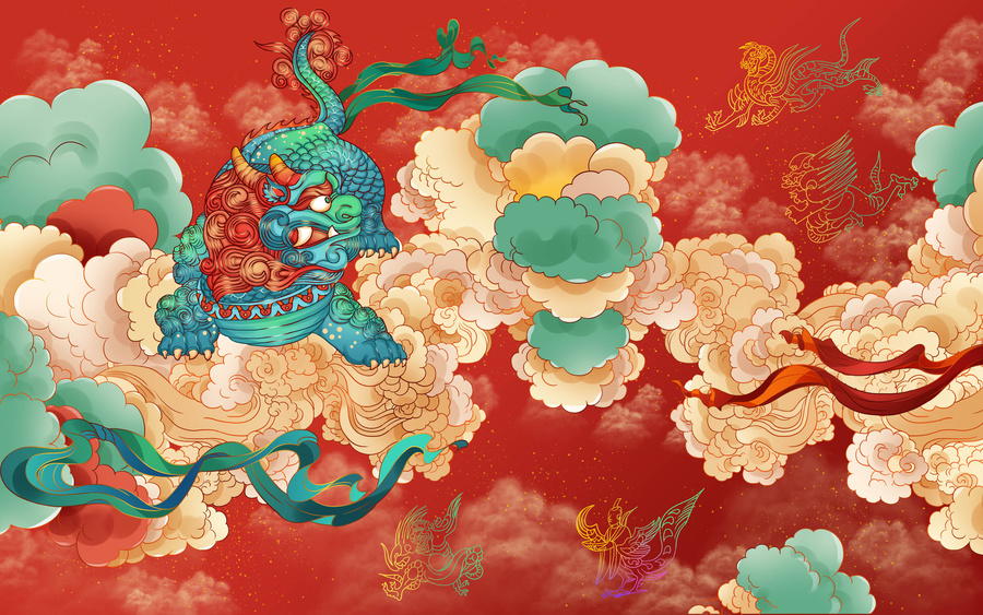 春節(jié)瑞獸祝福慶賀節(jié)日插畫(huà)