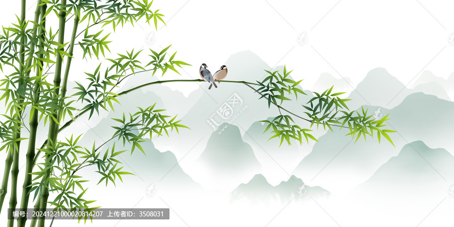 新中式意境翠綠竹子江山如畫背景墻