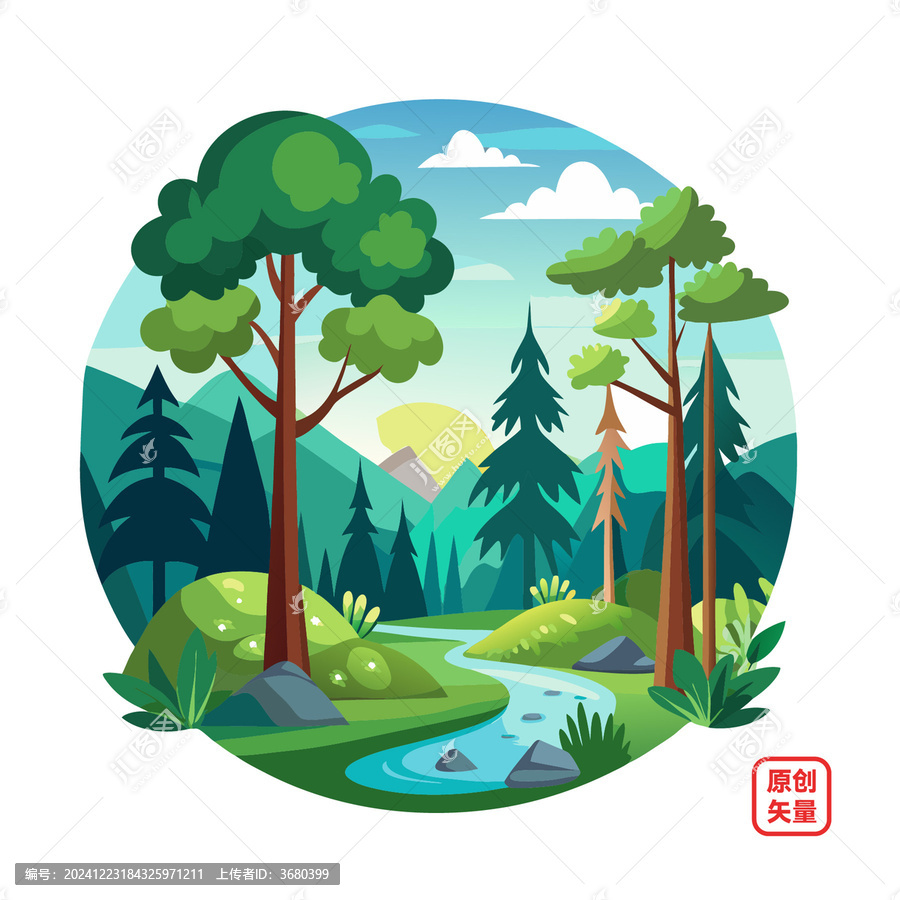 矢量插畫自然美景河流森林