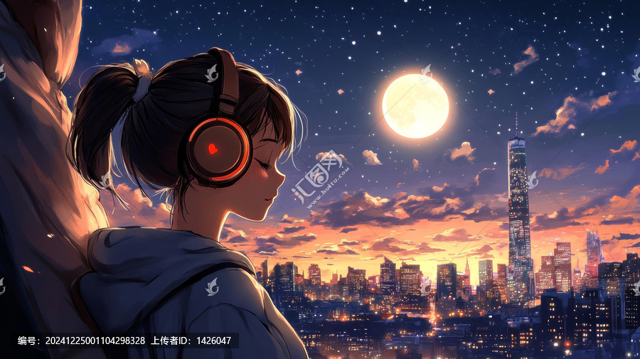 動(dòng)漫女孩夜晚聆聽音樂城市美景圖