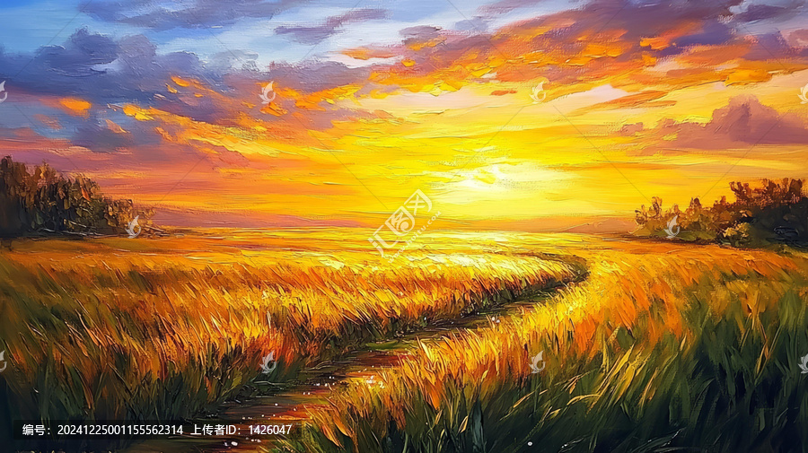金色夕陽下的麥田油畫風(fēng)景
