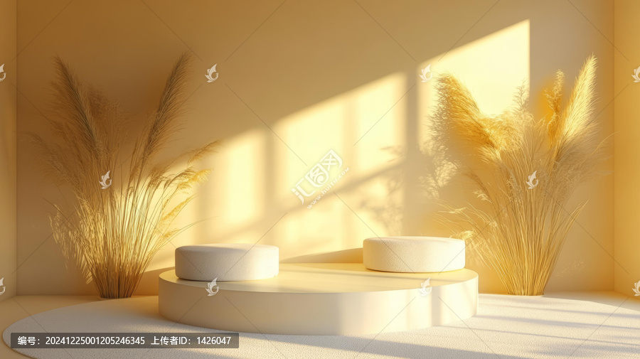 極簡奶油色展臺場景搭配蓬松蘆葦草