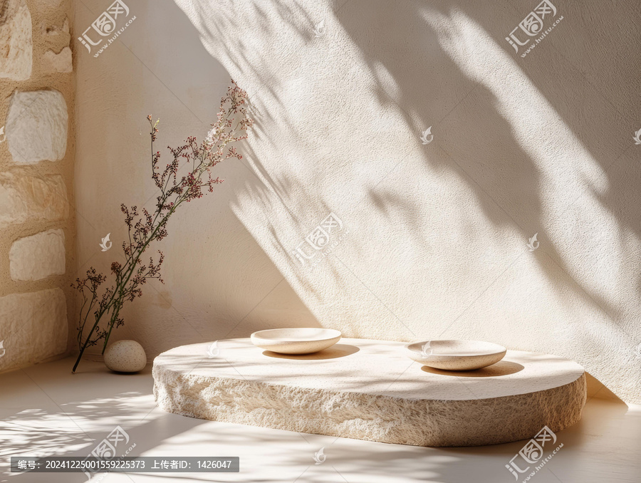 自然光影下的石質(zhì)展示臺(tái)