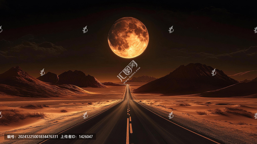巨橙月下的沙漠之路