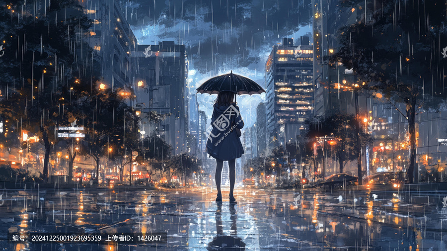 雨夜下的城市與女子