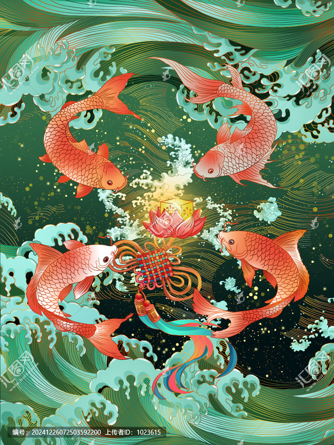 新年蓮年有魚祝福主題插畫