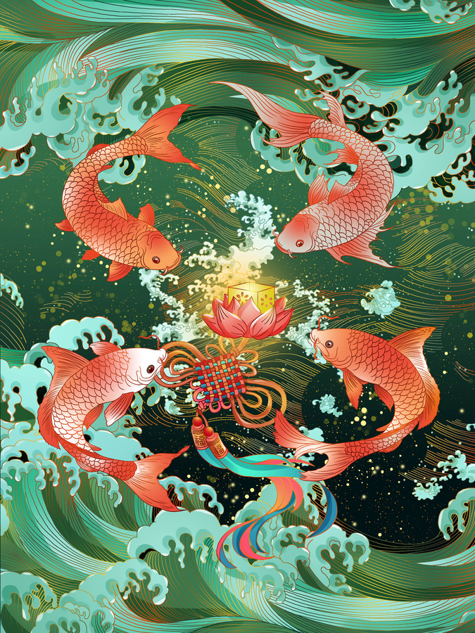 新年蓮年有魚祝福主題插畫