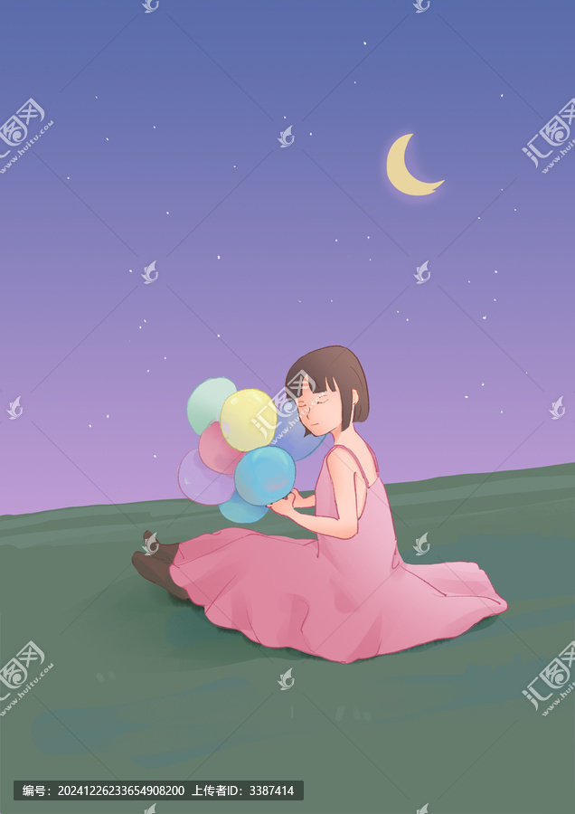 女孩拿氣球唯美插畫