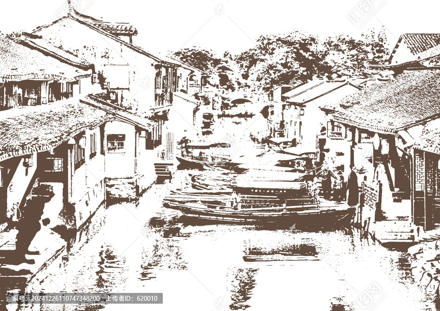 周莊古鎮(zhèn)江南水鄉(xiāng)民居底紋素描版畫矢量圖案