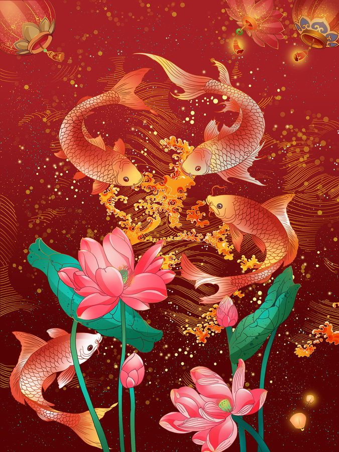 新年有魚錦鯉金魚主題插畫