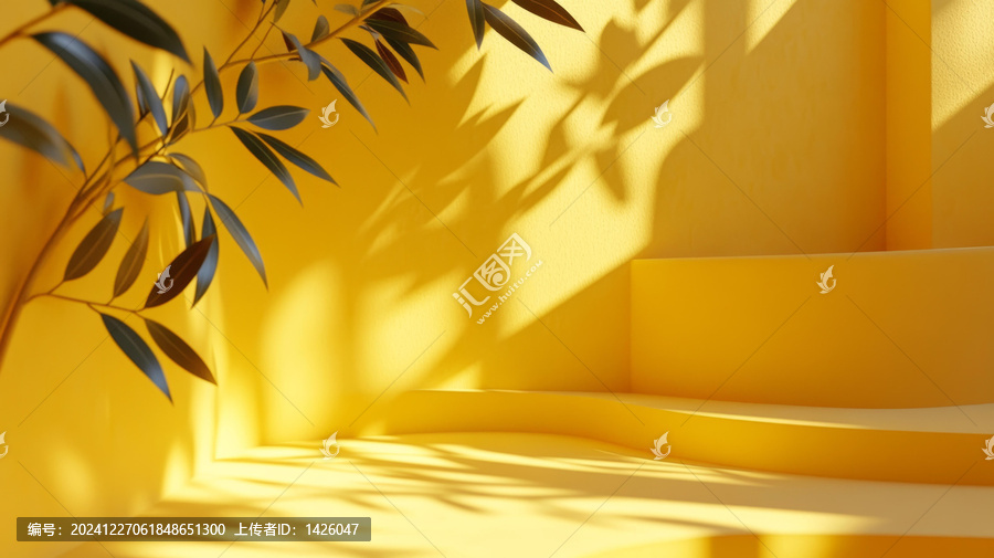 黃色極簡場景與植物投影
