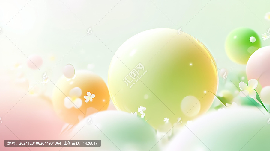 柔和色彩球體與花朵抽象背景圖