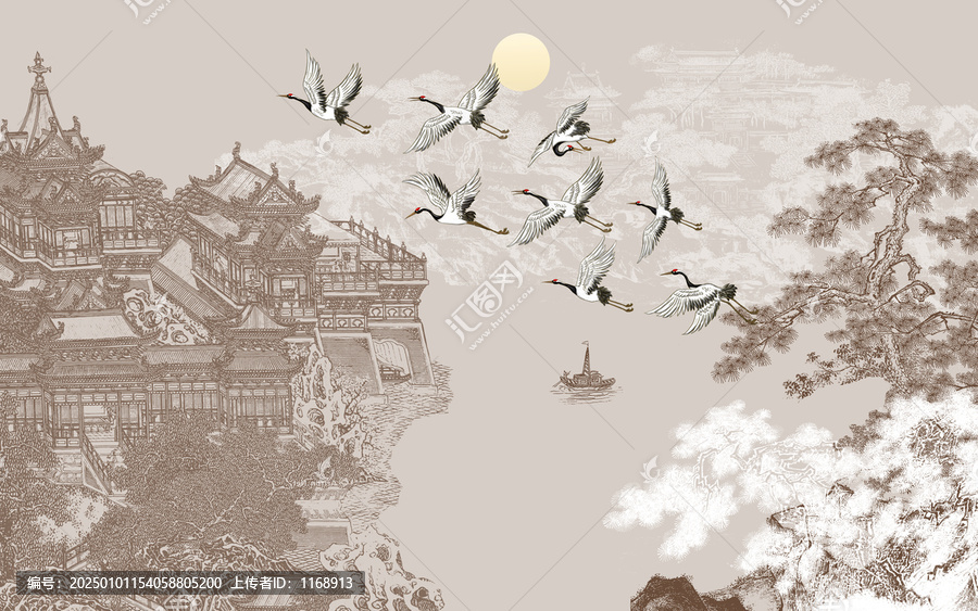中式樓閣山水背景