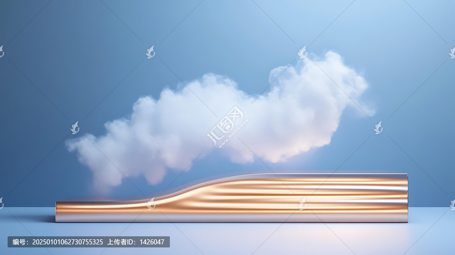 抽象云朵與金色圓柱展示臺