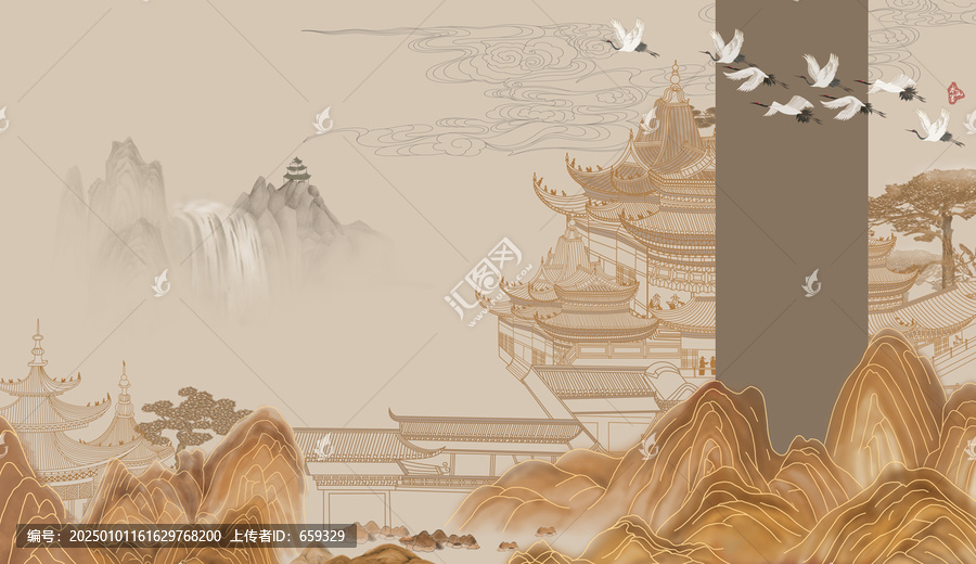 線描古建筑描金山水背景墻