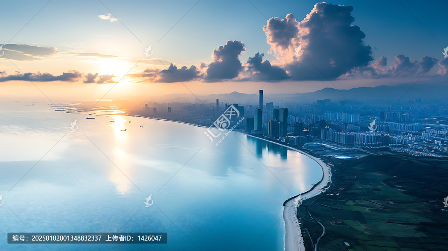 海岸線城市日出全景圖