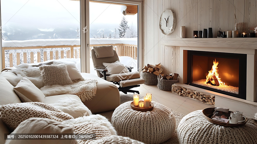 冬季山景小屋客廳溫暖火爐