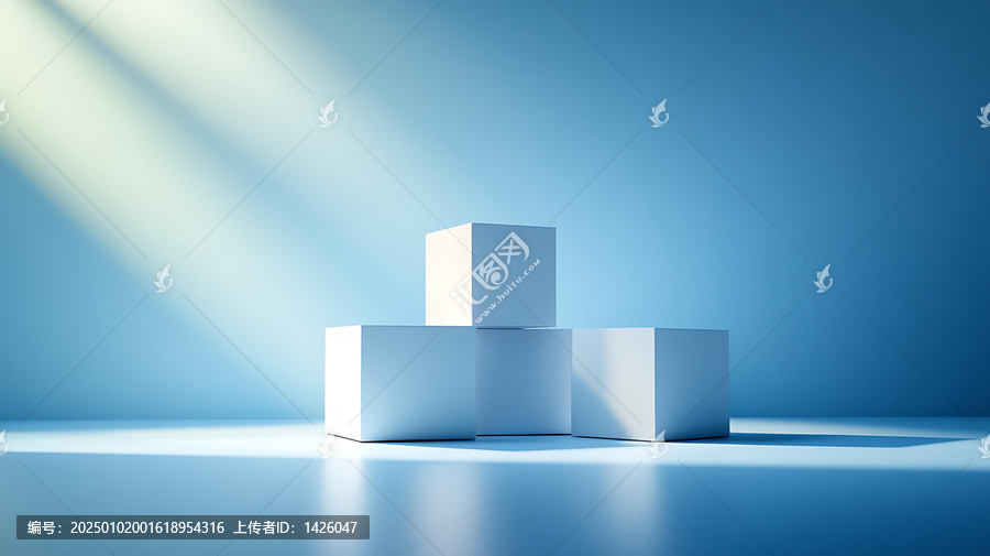 淺藍(lán)色背景下的白色立方體展示臺(tái)