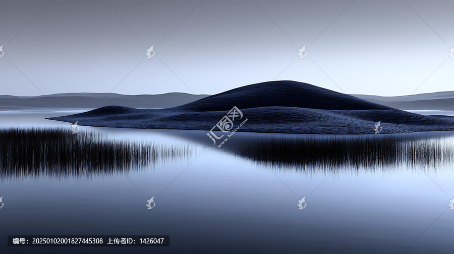 朦朧山湖靜謐景色