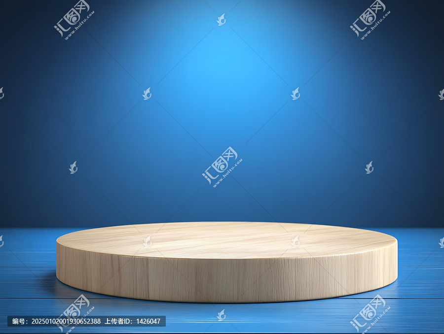 藍(lán)色背景上的圓形木質(zhì)展示平臺