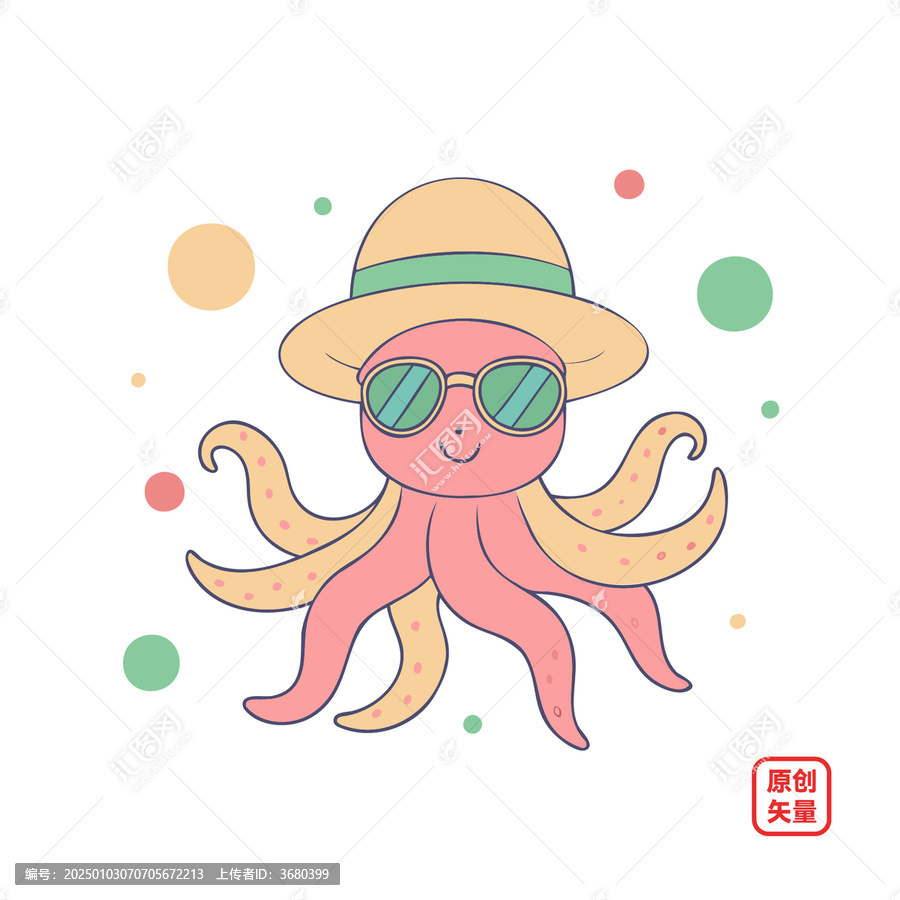 矢量插圖動物簡約戴遮陽帽章魚