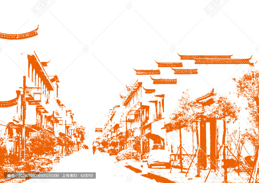 福鼎赤溪村全景古建筑底紋素描版畫矢量圖